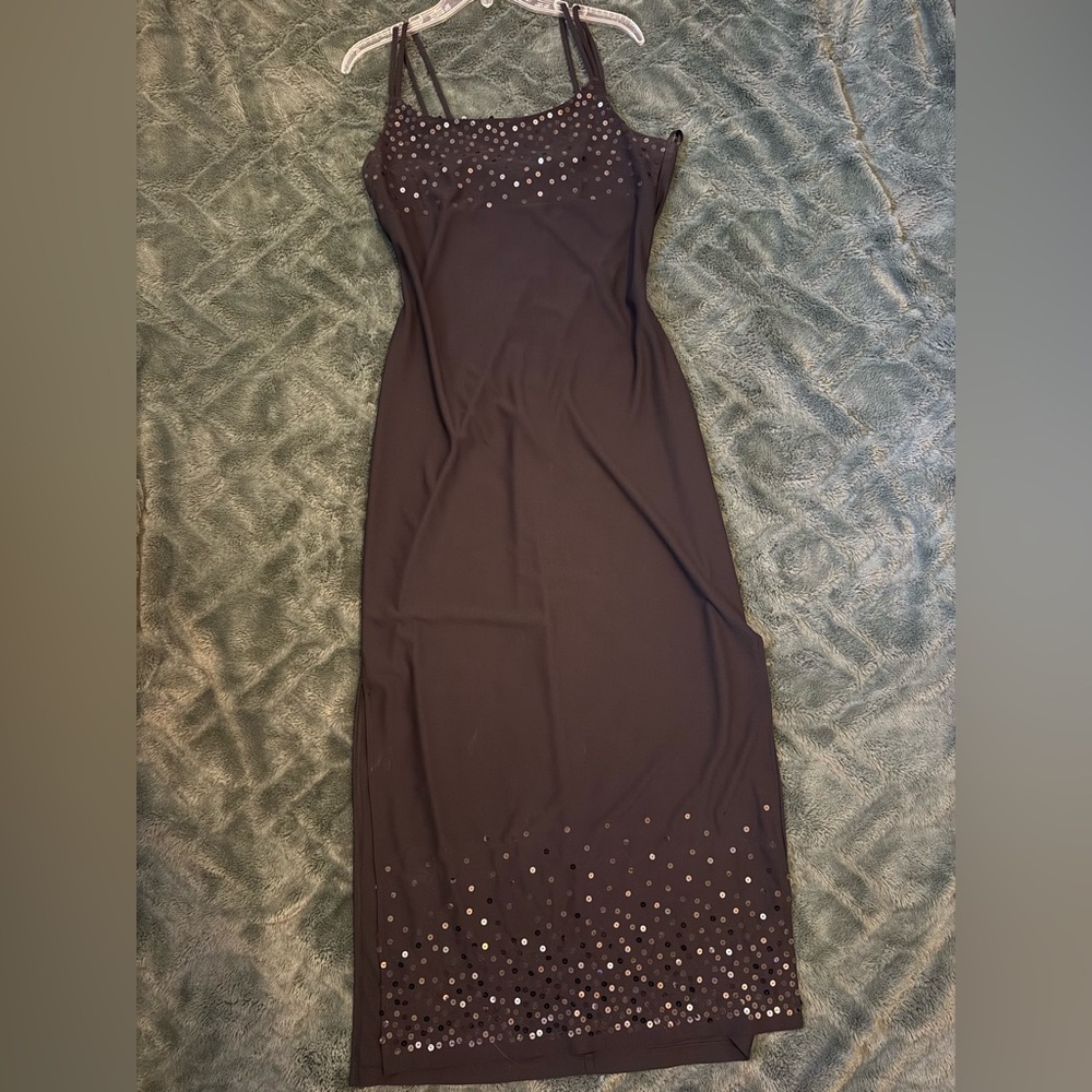Vintage black maxi dress with silver sequins and a slit on the side
